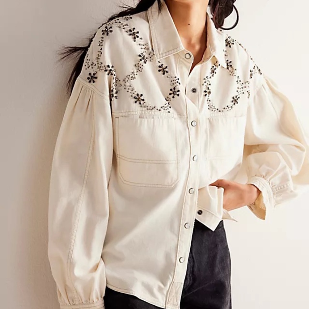 We The Free Ivory Button Down with Black Floral Detail